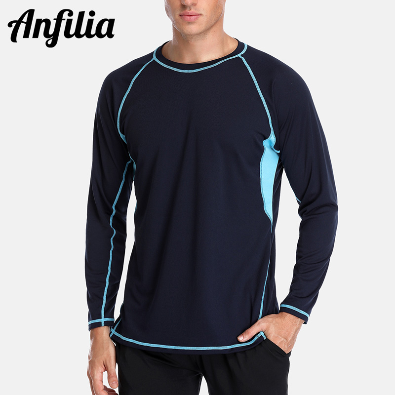 Anfilia mænd dry-fit skjorter mænd løs fit dykkertrøje uv-beskyttelse udslæt vagt top upf 50+  surfing dragter rashguard strand slid: Nav / M