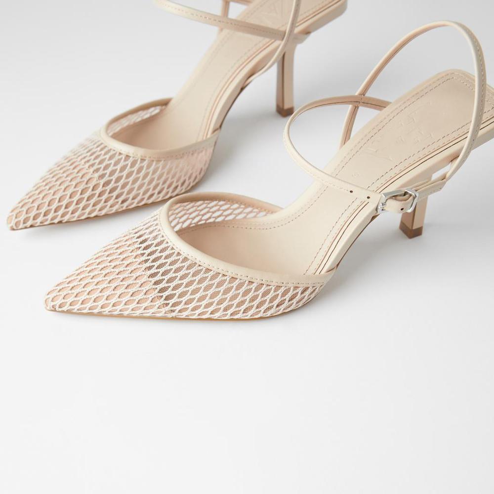 Sandalias de tacón fino para mujer, calzado de punta estrecha, de malla, zapatos de , elegantes, con hebilla: Rosa / 38