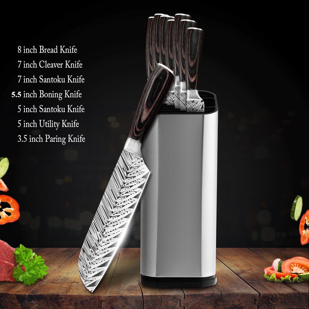 Køkkenkok sæt kniv rustfrit stål knivholder santoku værktøj skåret kløver brødskæreknive dæksel skede sag kantbeskytter