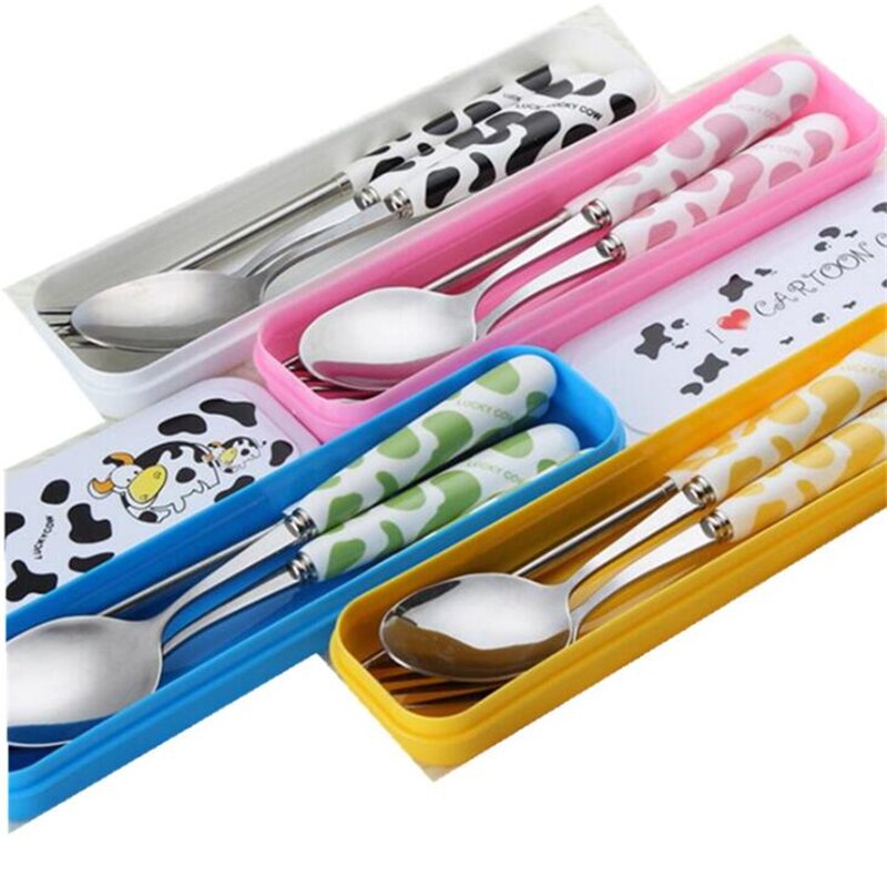 Baby Kids Cute Fork Spoon Cutlery Set Cartoon Ceramic Handle Stainless Steel Children Chopsticks Fork Cutlery Portable Tableware