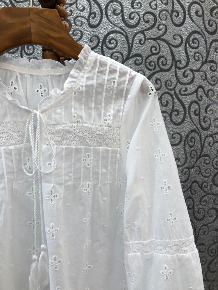 Boho inspireret hvid bluse kvinder langærmet hul ud bomuld forår sommertoppe boho bluse v-hals kvast bluse skjorte
