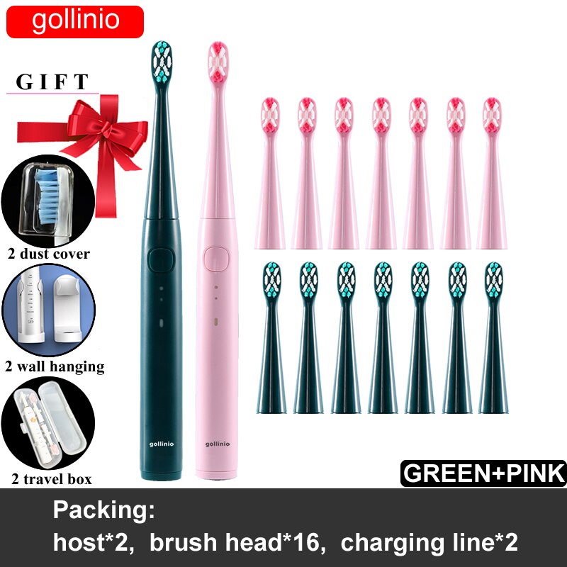 gollinio Electric Toothbrush usb fast charging GL56E smart electr toothbrush prodent Rechargeable Replacement Head: GL56GREENPINK16H-HB