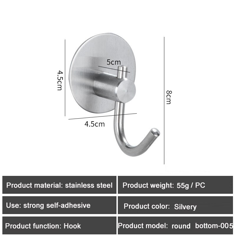 1PC SUS304 Robe Hooks Strong Self Adhesive Bathroom Stainless Steel Hook Wall Hangers Coat Towel Rustproof Hooks Kitchen Hardwar: Round Silver 005