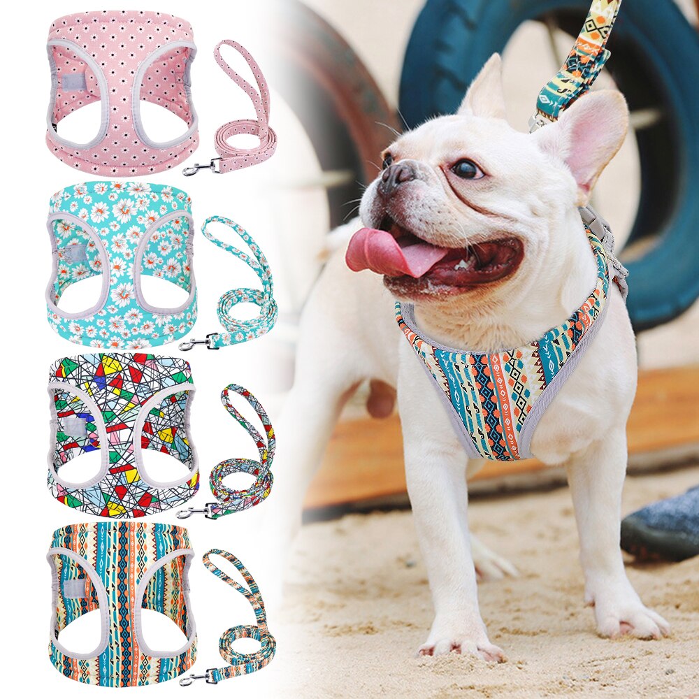 Reflective Dog Harness Soft Mesh Pet Puppy Harness Leash Set French Harnesses Bulldog Printed Dogs Small Medium Vest
