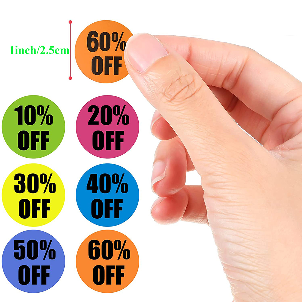 500 stuks/rol product korting label sticker 2,5 cm/1 inch ronde stickers voor kleding/hoed kleine zakelijke benodigdheden 10%/20%/50% korting