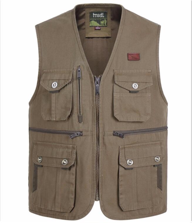 Gilet de photographe en coton multi-poches pour hommes, gilet de randonnée en plein air, gilet de pêche, grande taille, veste sans manches: brown / XXL
