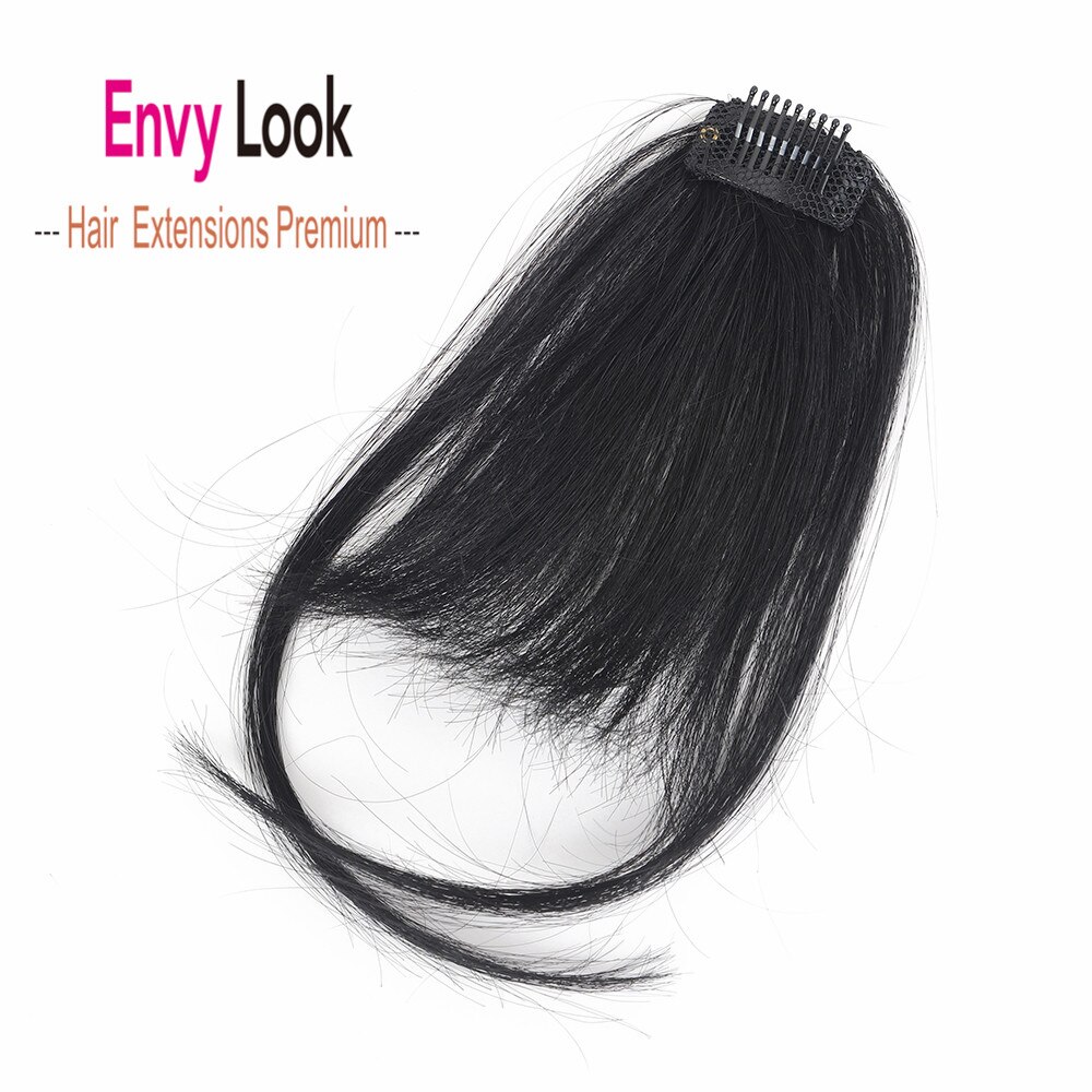 Envy Look Human Hair Piece Air Fringe Sewn One Strong Clip In Front Head Bangs with Dark Brown and Blonde Color