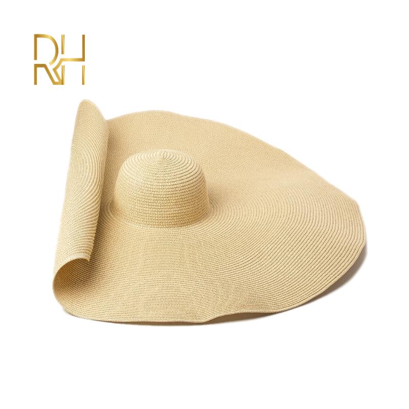 Big Beach Sun Straw Hat 30 40cm Brim 80 100cm Diameter Women Round Protect Travel Caps Foldable Super Large Straw Hat: beige / adult size--70cm