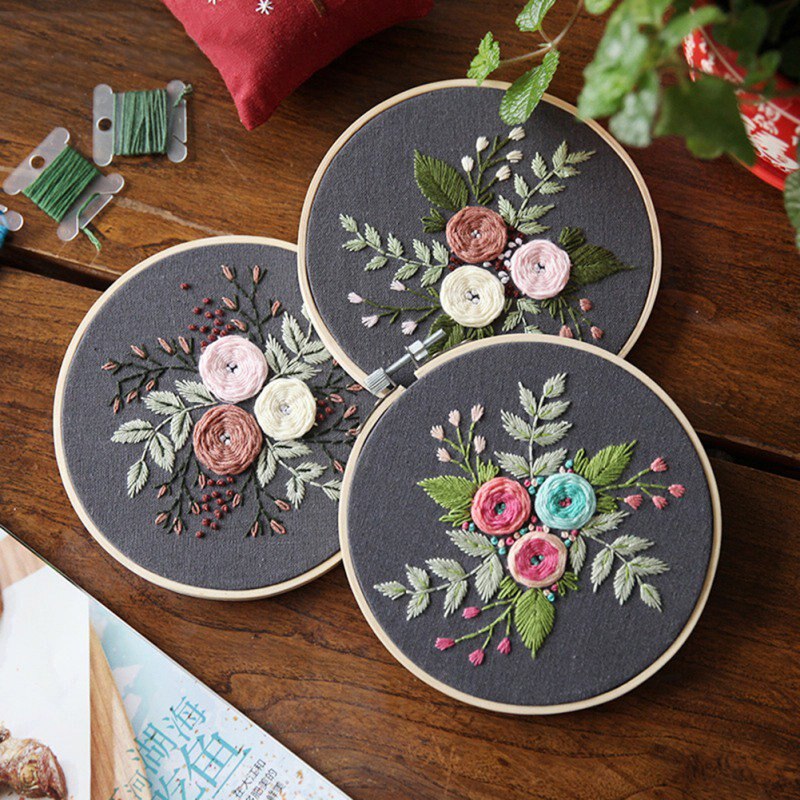 European Simple Plant Flower Embroidery DIY Material Package Handmade Beginner Kit(Including Bamboo Embroidery)