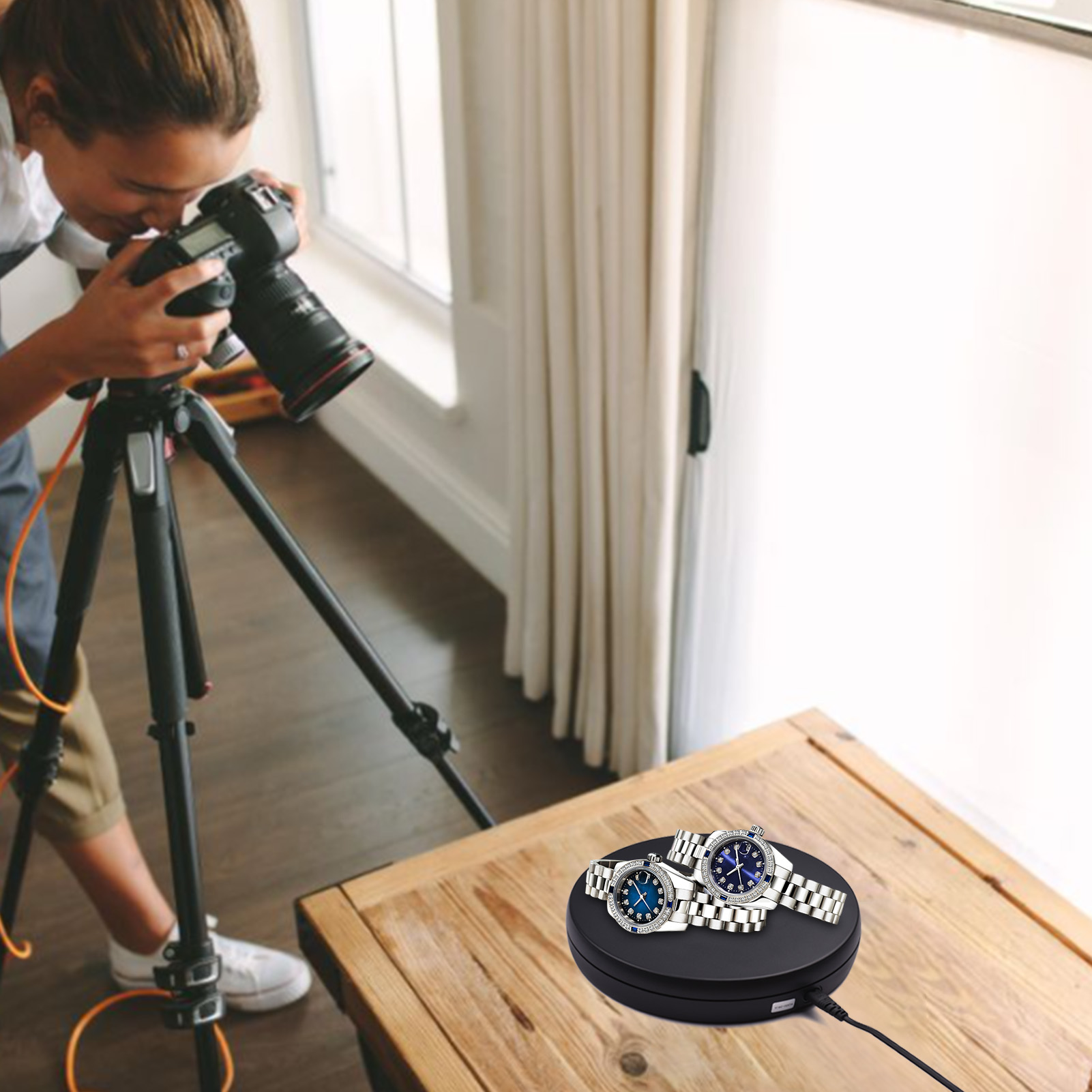 Electric Motorized Photography Turntable 360 Degree Rotatable Display with LED Light for Product Shooting Jewelry Watch Display