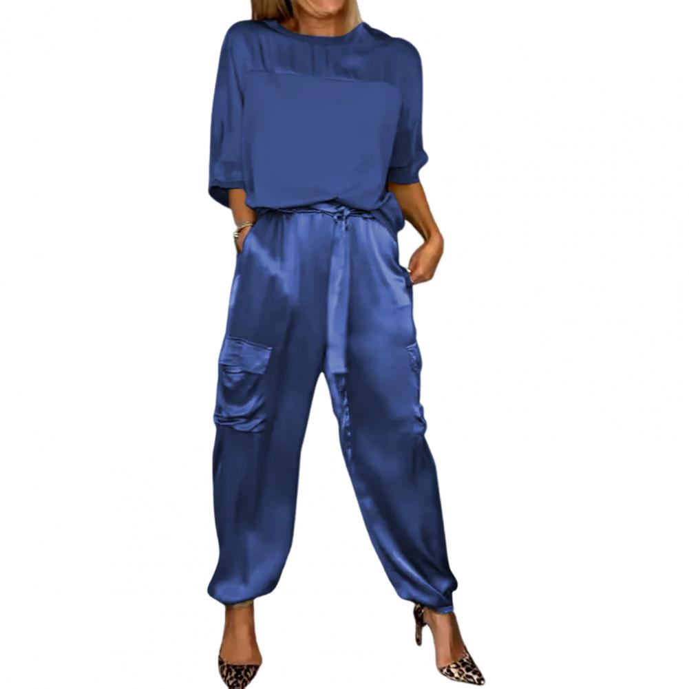 Women Two-piece Set Three-quarter Sleeve Suit Satin Women's Top Pants Set Lace-up Waist Women Casual Patchwork Suit: L / Blue