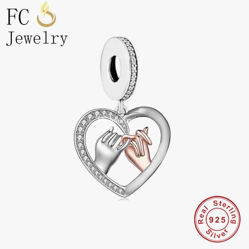 Pulsera con abalorio de plata de ley 925 para mujer, brazalete con de "Te quiero, promesa manos, gesto, corazón rosa, Berloque 2022: Q2128