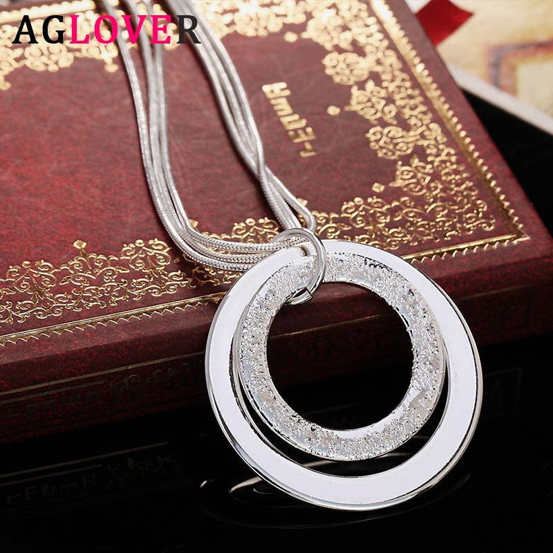 AGLOVER 925 Sterling Silver 18 Inch 3 Snake Chain 2 Frosted Circle Pendant Necklace For Woman Man Wedding Jewelry