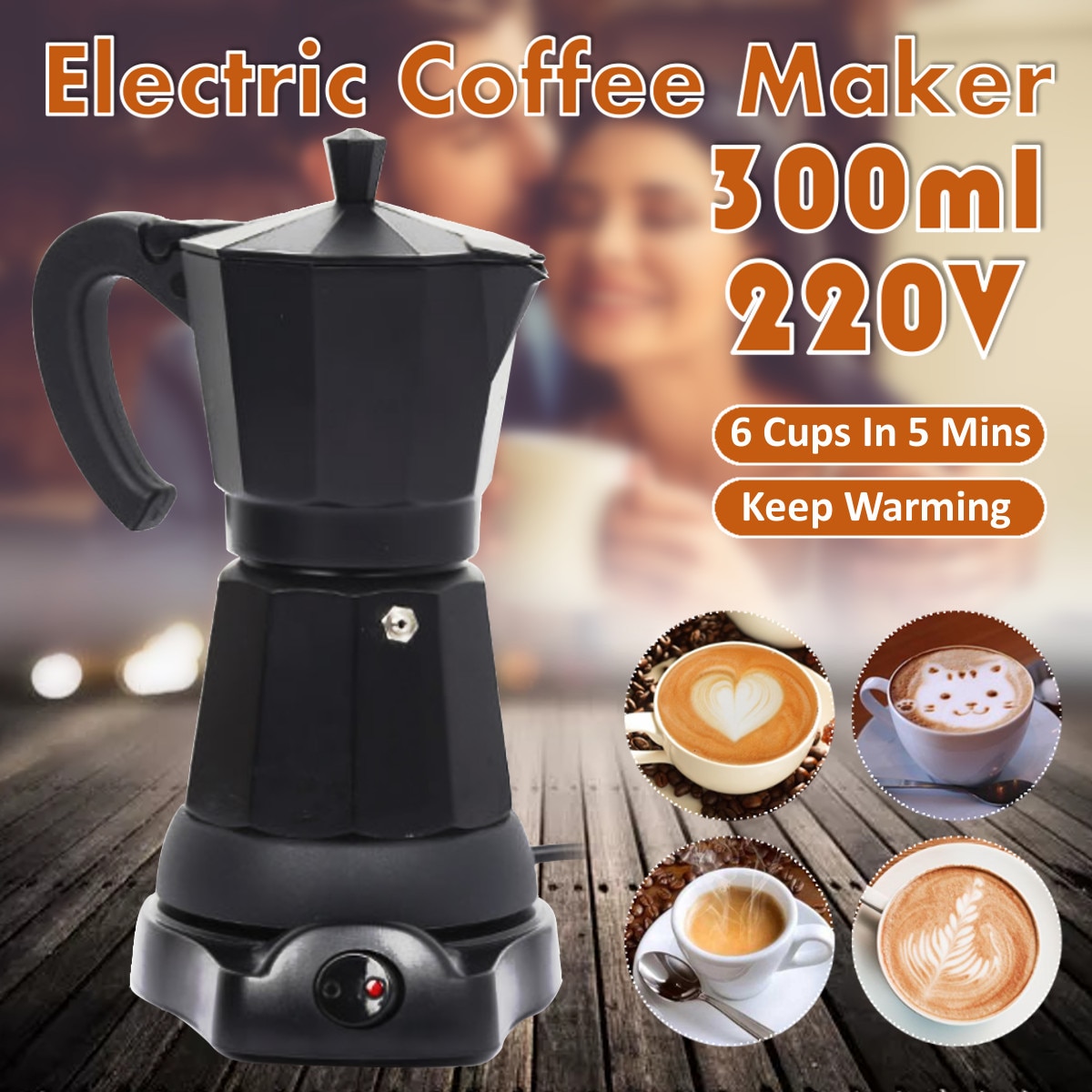 300ml Electric Automatic Coffee Machine Mini Coffee Maker Kitchen Cafetiere Heater 6 Cups 3 minutes AU Plug 220-240V Tea Pot