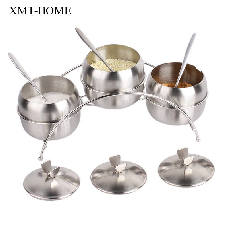 XMT-HOME de acero inoxidable para azúcar, recipientes para tarros de condimentos, sal, bote de especias con tapa, soportes para cuchara para Cocina