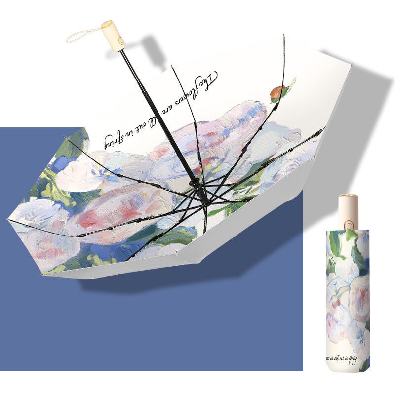 Paraguas de titanio plateado para mujer, Mini sombrilla automática con pintura, protección UV, sombrilla de bolsillo plegable, para viajes a la playa