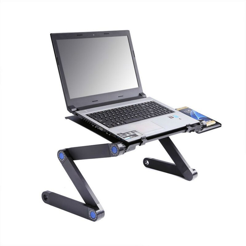 Hopfällbart laptopbord, justerbart laptopställ, bärbart laptopbord med 2 kylfläktar och musbricka skrivbord för laptop