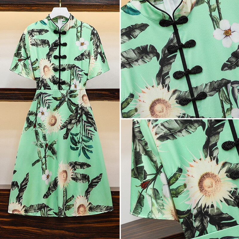 Grande Taille M-4XL Chinois Vintage Robe Qipao Parti Femmes Robe Trapèze Vert Manches Courtes D'été Robes de Cheongsam