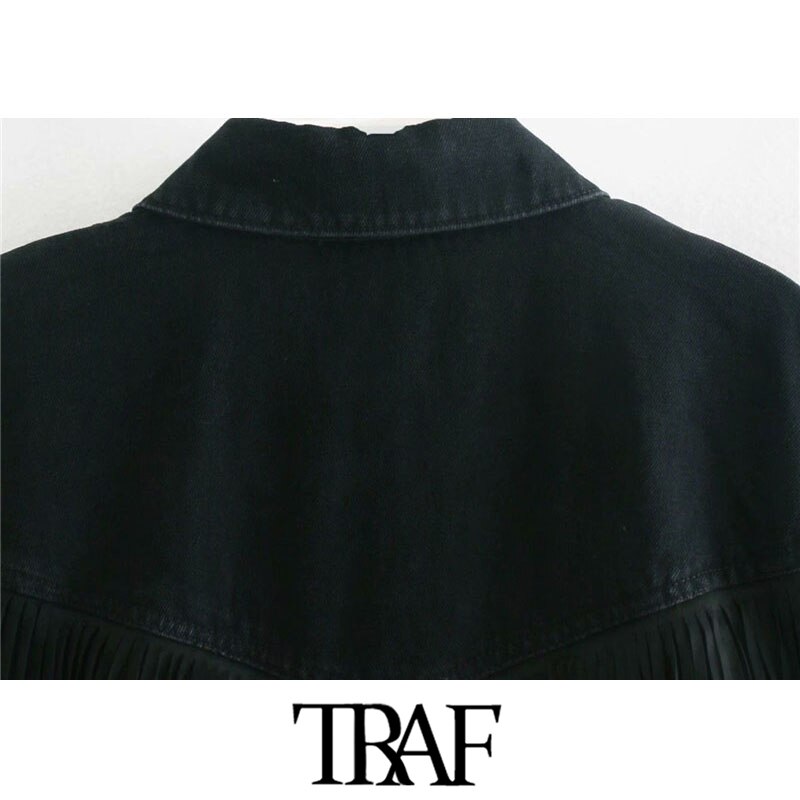 TRAF-chaqueta vaquera holgada con flecos para mujer, chaqueta con flecos deshilachados, de manga larga, Estilo Vintage