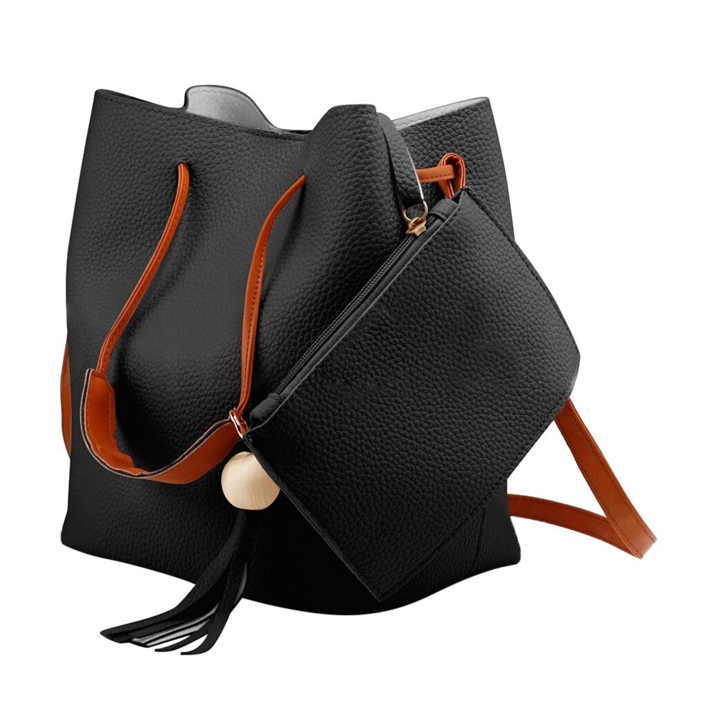 modernos Bolso tipo cubeta para mujer bolso bandolera con borlas de gran capacidad bolso de hombro Retro Simple bolso: Negro