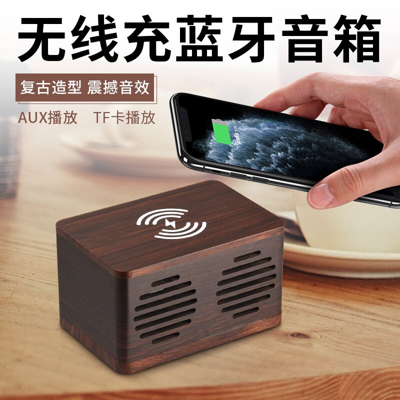 D7 Houten Mobiele Telefoon Draadloos Opladen Bluetooth Speaker High Power Retro Thuis Card Computer Kleine Stereo