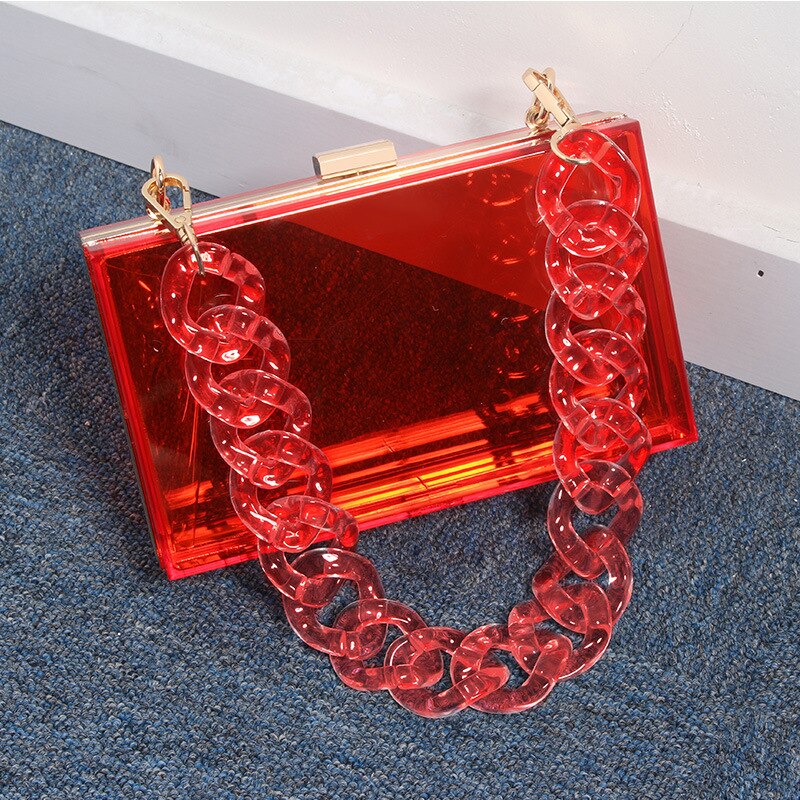 Women Transparent Box Chain Handbag Tote Ladies Solid Hasp Party Candy Color Jelly Shoulder Bag Purse: red 2