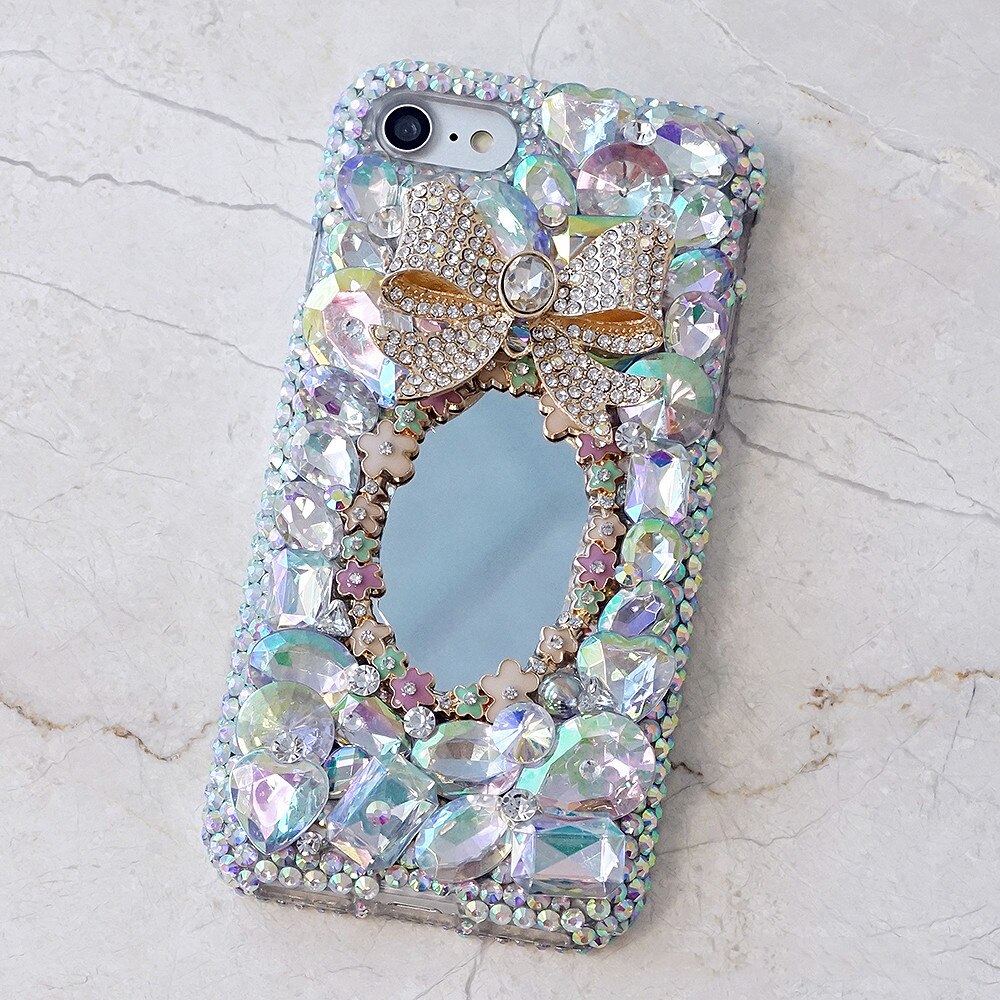 Caso espelho feminino artesanal 3d diamante strass telefone capa para o iphone 8 6s 6plus 7 8 plus x xs max 11 pro max capa