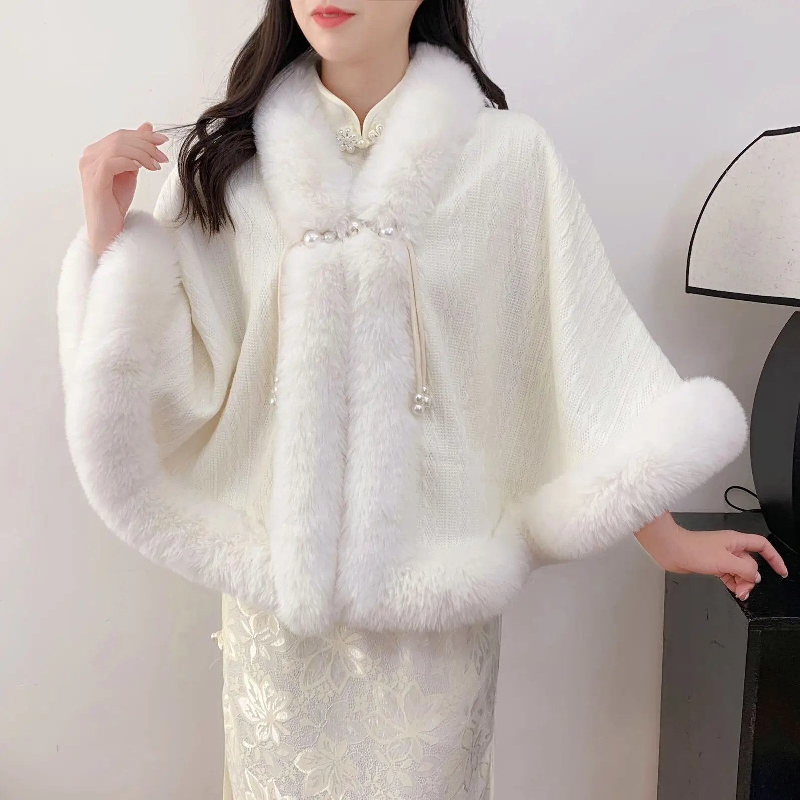 Poncho Mantel Schal Damen Herbst Winter Kurzer Druck Plüsch Verdickter Nachahmung Kaninchenfell Kragen Cheongsam Hochzeit Cape Mantel: Himmel Blau
