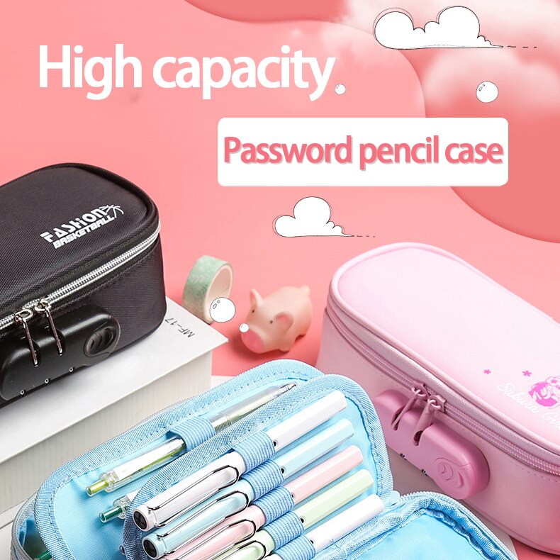 Zanken-estuche de lápices con contraseña para mujer, estuche de gran capacidad con dibujos animados, multifuncional para estudiantes, creatividad