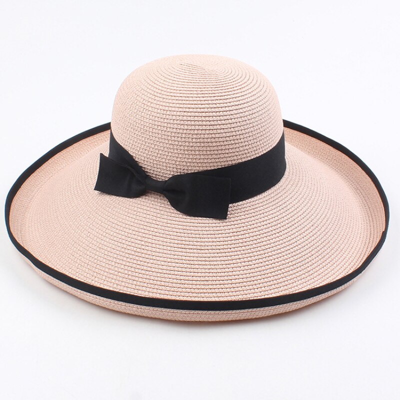 HT3085 Strand Hoed Grote Grote Brede Rand Hoed Dames Strand Cap Mode Stro Hoed Elegante Zwarte Strik Vrouwen zomer Zonnehoed: Roze