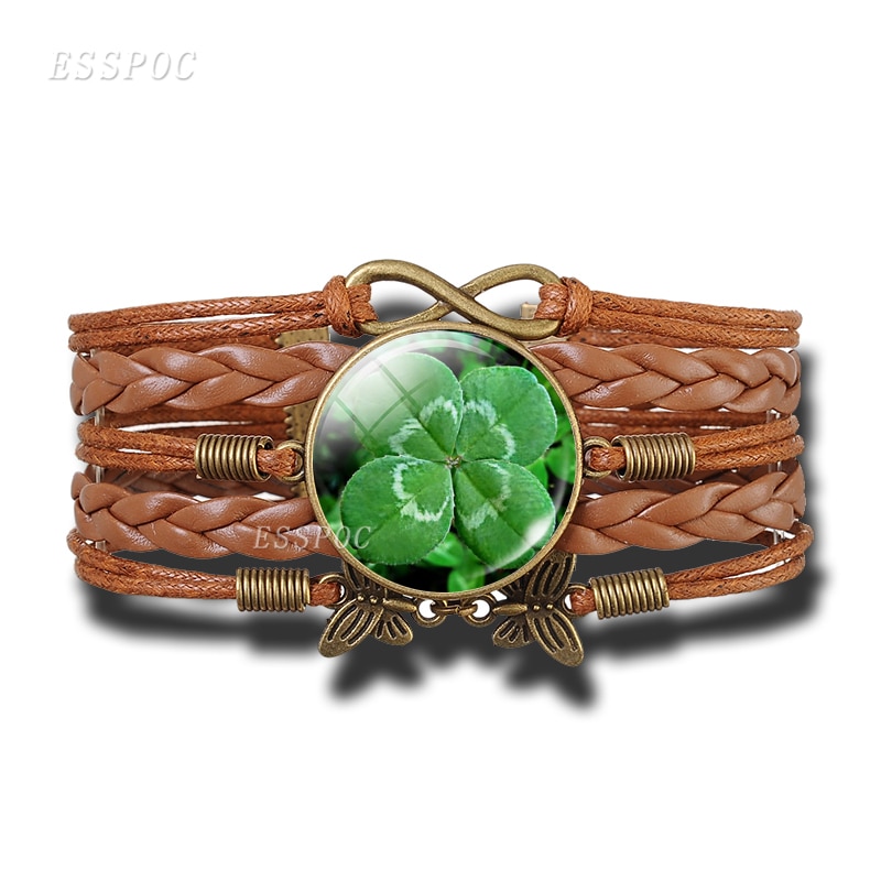 Lucky klavertje Vier Retro Handgemaakte Brons Bruin Armband Punk Glas Cabochon Sieraden Shamrock Houder Bangle Vrouwen: SIZE2