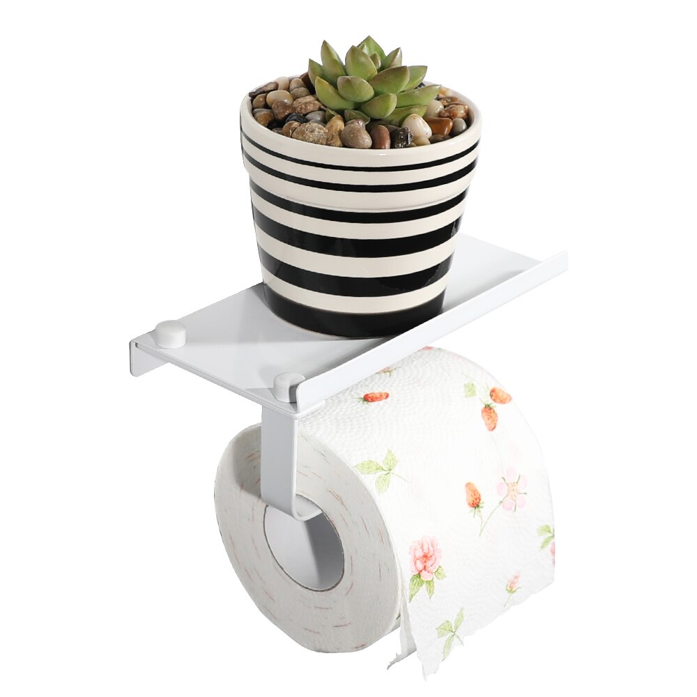 White Stainless Steel Paper Holder with Cell Shelf Bathroom Roll Paper Holder Toilet Paper Holder for Phone Wallet Etc