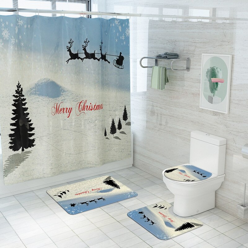 Merry Christmas Shower Curtain Set Bath Mats Rugs Christmas Tree Deer Anti Slip Pads Toilet Cover Bathroom Curtains with Hooks: D 4PCS
