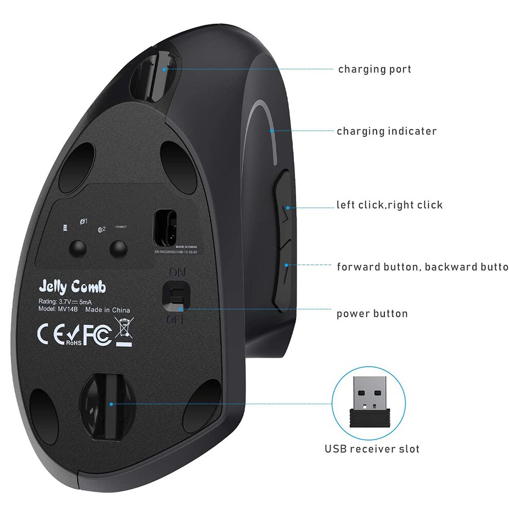 Jelly Comb 2.4G+Bluetooth Ergonomic Mouse Rechargeable Wireless Gaming Mouse with 6 Buttons for 3 Devices