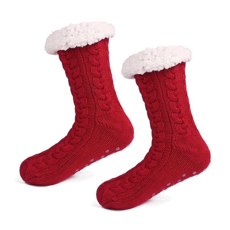 Winter Women Slipper Socks Fleece Lining Knitted Soft Socks Non-slip Outdoor Sports Skating Skiing Warm Socks