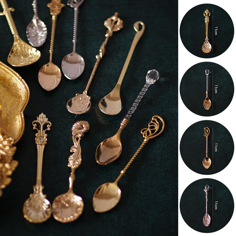 Retro Coffee Spoon Sugar Tea Dessert Cake Spoons Carved Ice Cream Teaspoon Alloy Teaspoon Cutlery Accessories Kitchen Tool