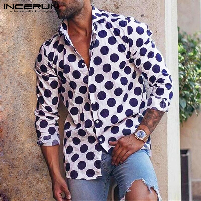 Men Casual Shirt Polka Dot Lapel Neck Hawaiian Tops Long Sleeve Button Chic Mens Brand Shirts Camisa INCERUN S-5XL