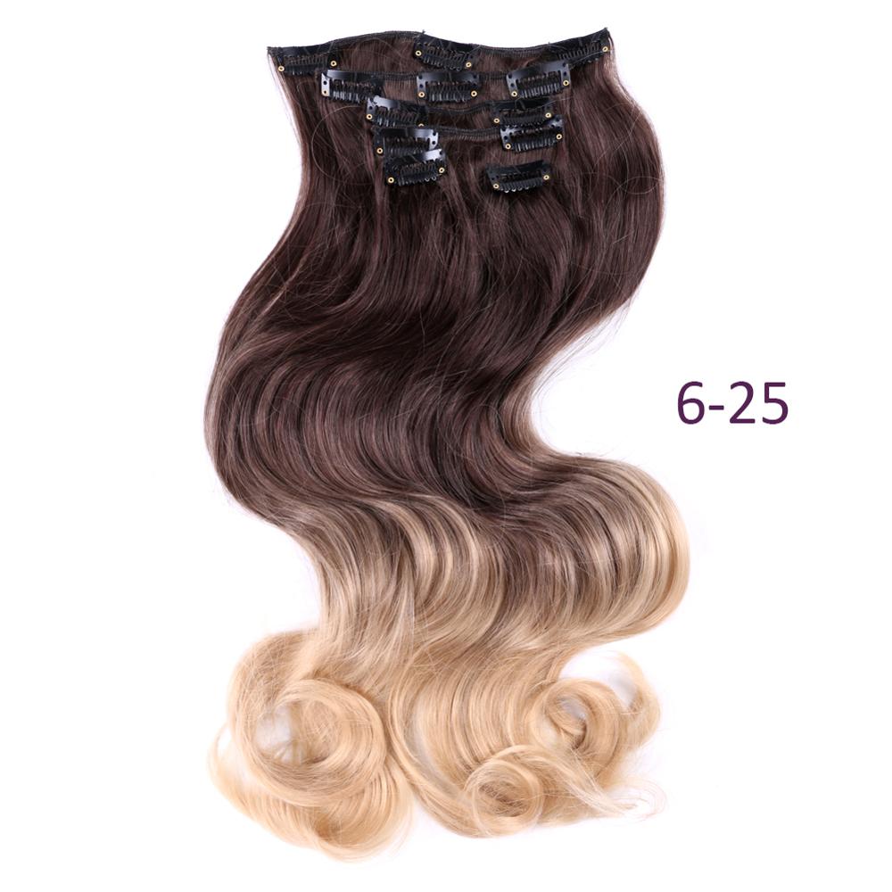 Synthetic Hair 22inch 12clips Hairpiece Body Wave Synthetic High Temperature Fiber Black Brown Ombre Clip In Hair Extensions: 6-25