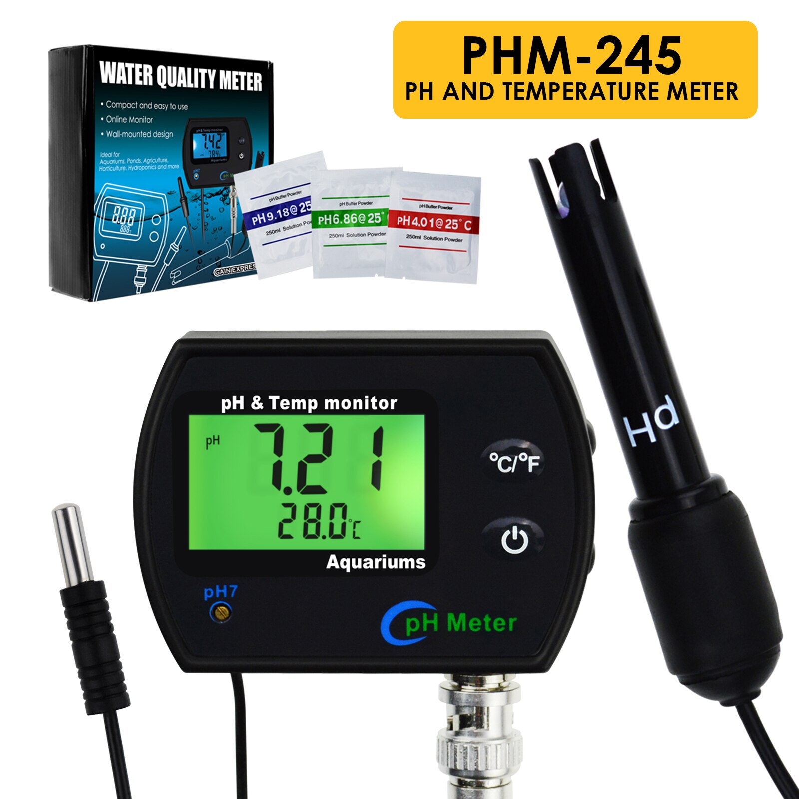 2-in-1 PH &amp; Temperature Meter Dual Display Water Monitoring Kit Replaceable Electrode Aquariums Hydroponics Pools Tank