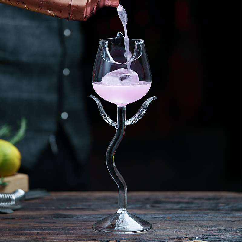 High Rose Shape Goblet Transparent Pink Rose with Leaves Wine Champagne Glasses Romantic Water Cups
