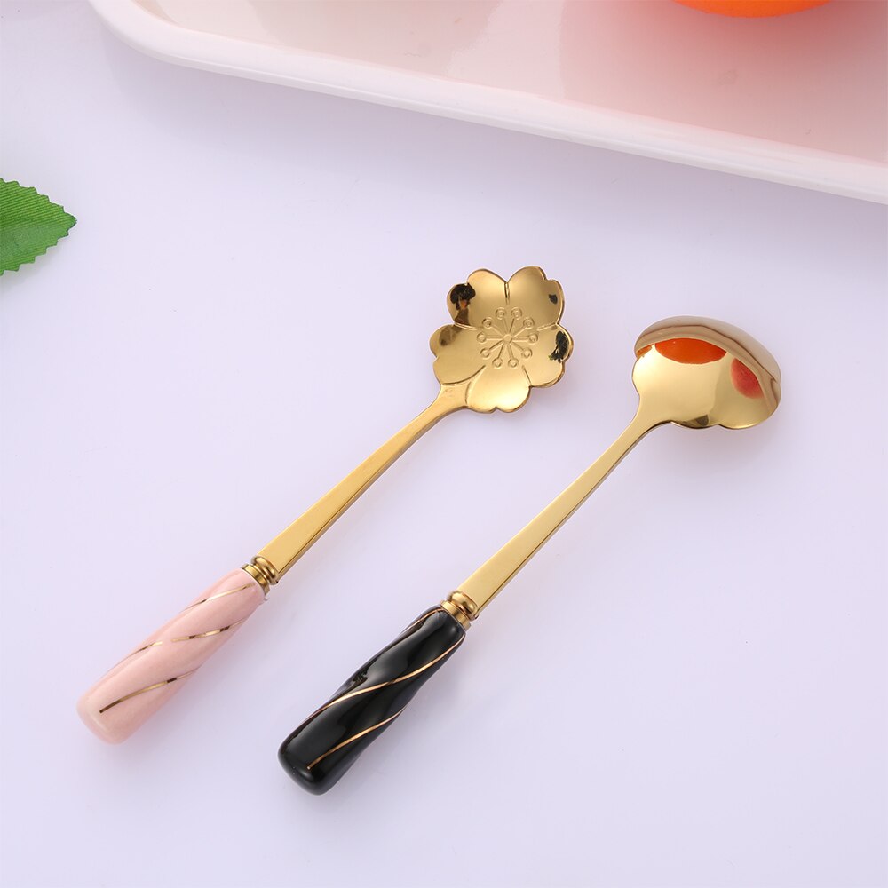 1PC Cherry Blossom Rose Flower Ceramic Handle Spoon Gold Silk Sweet Spoons Gold-plated Coffee Stirring Spoon Tableware