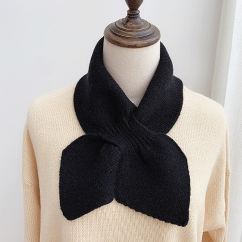 Koreanske kvinder sløjfe krydsstrikket ring hals tørklæder kvindelige efterår vinter ensfarvet elastisk blødt uld varmt tørklæde  n100: Sort