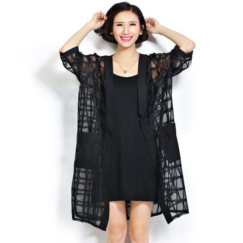Plus Size Chiffon Coat Summer Style Women Clothing Black Plaid Perspecti Loose Half Sleeve Lady Long Mesh Cardigan