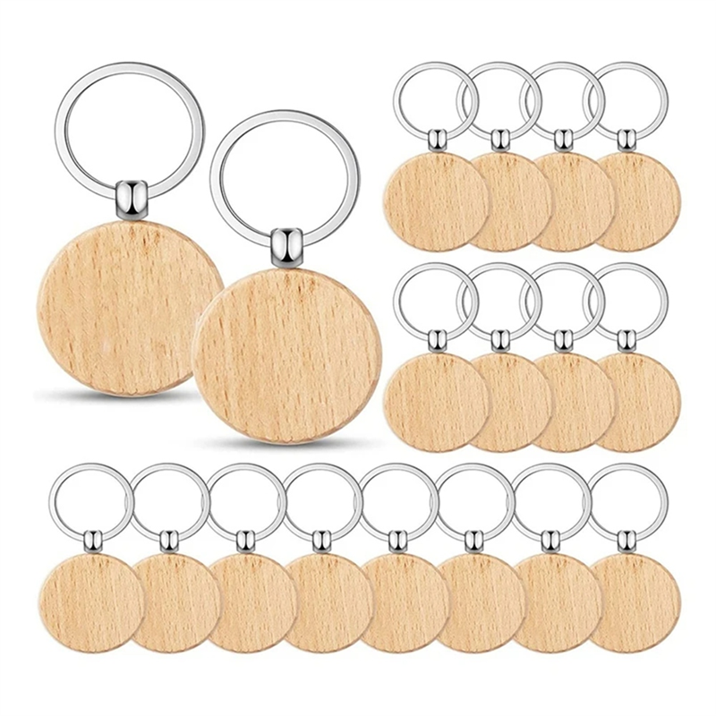 BHBD-60 Stuks blanco ronde houten sleutelhanger Diy houten sleutelhangers Key Tags kunnen diy graveren
