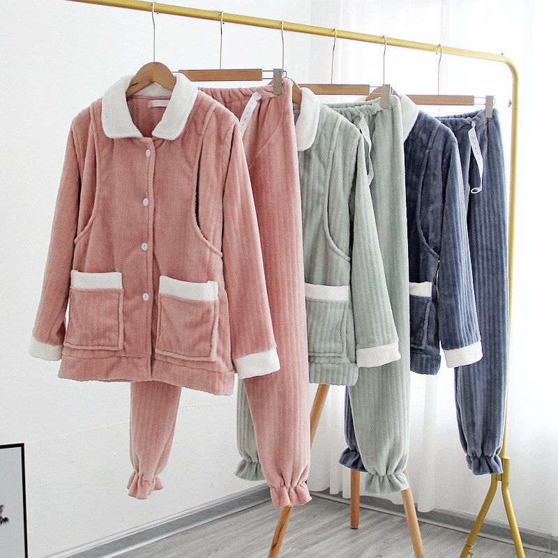 Fdfklak-Pijama de franela gruesa y cálida para mujer, Ropa premamá invierno, Pijama de Enfermería de manga larga para lactancia