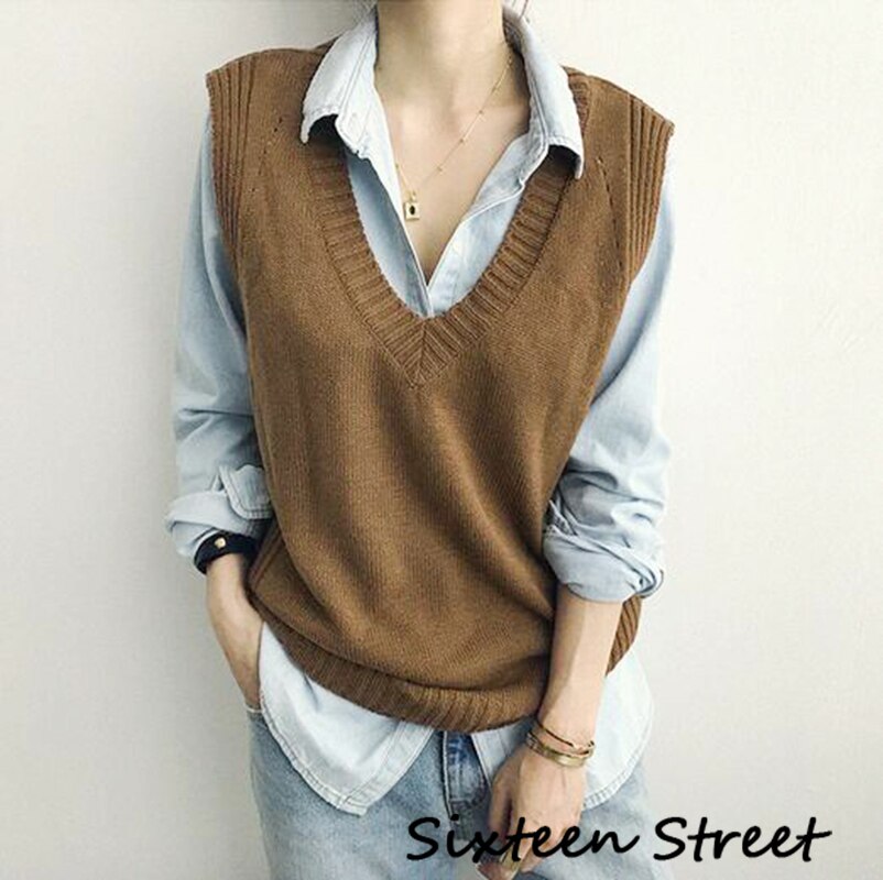 Høstgenser damevest koreansk elegant v-hals strikket genser kvinne solid høst vinter vintage ermeløs casual genser