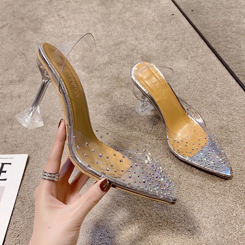 Transparent krystal bryllupsfest sko til kvinder høje hæle sandaler tynde hæle slingback pumps dame sko efterår kvinder sko