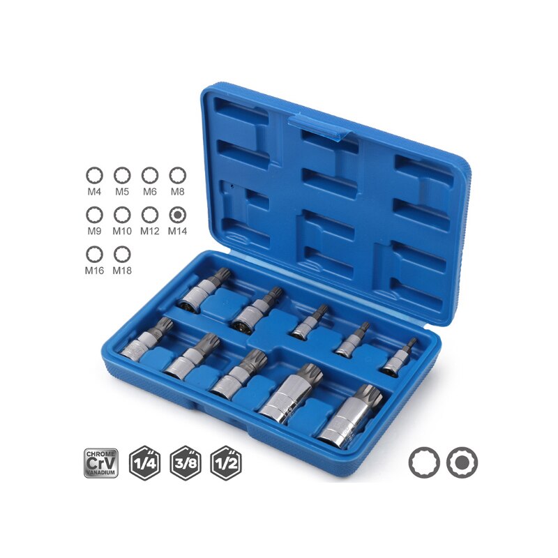 10 stk 12 punkt trippel kvadratisk kilt bit kontakten satt  m4-m18 1/4 "3/8" 1/2 "kjøre reparasjon verktøysett momentnøkkel kontakten håndverktøy