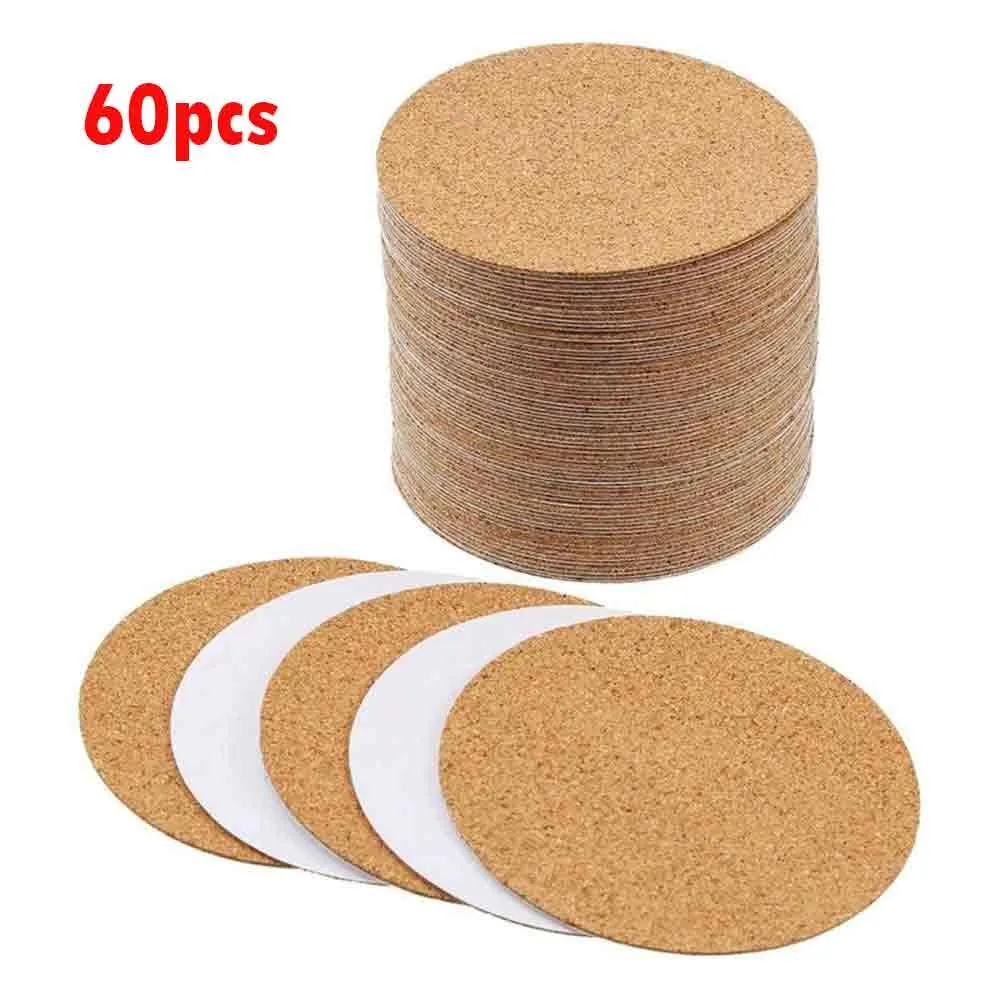 Posavasos de corcho de 60 uds., hojas de respaldo de corcho, posavasos de corcho adhesivo redondo para posavasos, decoraciones navideñas para el hogar