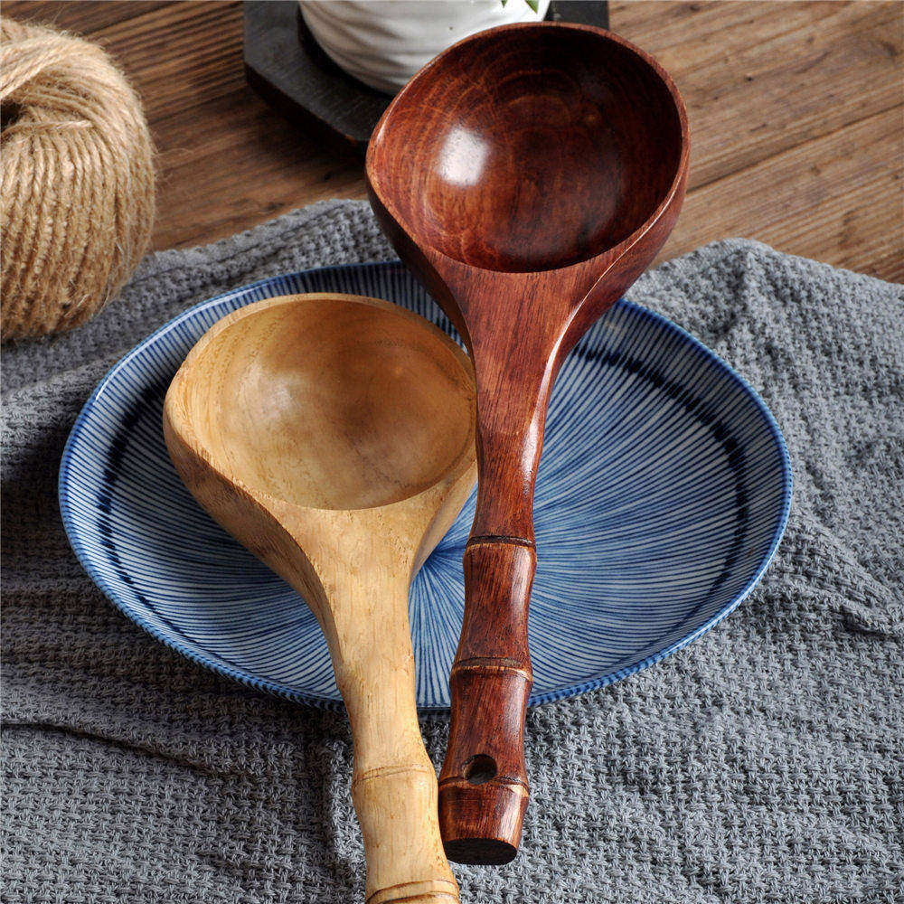 Cucharas grandes de madera para sopa, cuchara de cocina de estilo japonés, cucharón duradero, utensilios de cocina con mango largo